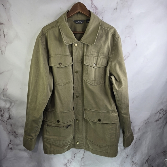Eddie Bauer Jacket Men Large Brown Tan Chore Barn Field Safari Utility Button - Picture 1 of 15